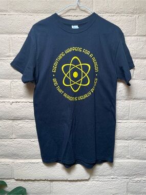 Black Physics Joke Graphic Tee with Yellow Atom Emblem
